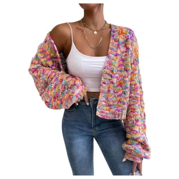 SHENHE Women's Cropped Cardigan Open Front Long Sleeve Ribbed Knit Sweater Colorful Space Dye M