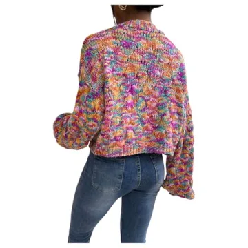 SHENHE Women's Cropped Cardigan Open Front Long Sleeve Ribbed Knit Sweater Colorful Space Dye M
