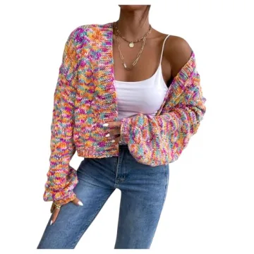 SHENHE Women's Cropped Cardigan Open Front Long Sleeve Ribbed Knit Sweater Colorful Space Dye M