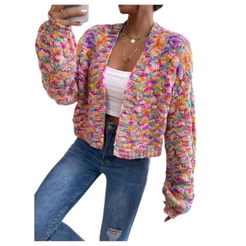 SHENHE Women's Cropped Cardigan Open Front Long Sleeve Ribbed Knit Sweater Colorful Space Dye M