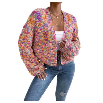 SHENHE Women's Cropped Cardigan Open Front Long Sleeve Ribbed Knit Sweater Colorful Space Dye M