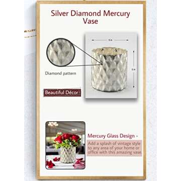 Serene Spaces Living Silver Diamond Mercury Cylinder Vase - Handmade Mercury Glass Finish & Vintage Style, Ideal for Home Decor, Weddings, Events, Measures 5” Tall x 5" Diameter