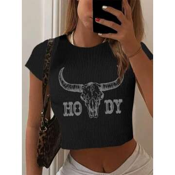 Cow Skull Shirts for Women Cowgirl Cropped Tops Country Concert Cowboy T-Shirt Western Rodeo Graphic Tee
