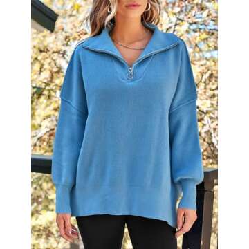 LILLUSORY Women's Oversized Sweaters 2024 Fall Fashion Zipper Up Collared Sweatshirts Knit Pullover Tops Outfits Clothes Lakeblue S
