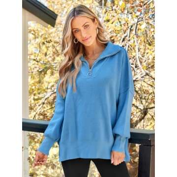 LILLUSORY Women's Oversized Sweaters 2024 Fall Fashion Zipper Up Collared Sweatshirts Knit Pullover Tops Outfits Clothes Lakeblue S