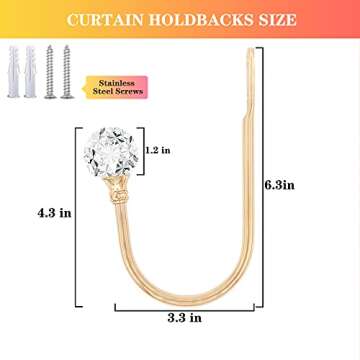 KOLAKO Curtain Holdbacks, Crystal Curtain Tieback Hooks Gold Metal Decorative Drapery Curtain Holder...