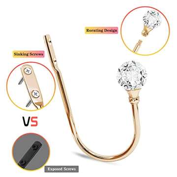 KOLAKO Curtain Holdbacks, Crystal Curtain Tieback Hooks Gold Metal Decorative Drapery Curtain Holder Window Treatment Holdback for Home Office