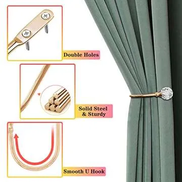 KOLAKO Curtain Holdbacks, Crystal Curtain Tieback Hooks Gold Metal Decorative Drapery Curtain Holder Window Treatment Holdback for Home Office