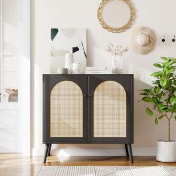 Rattan Storage Cabinet with 2 Door - Buffets & Sideboards, Accent Cabinet Buffet Cabinet with Storage for Living Room Hallway Entryway Kitchen Modern Home Decor Black