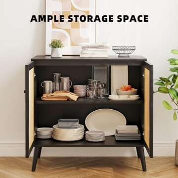 Rattan Storage Cabinet with 2 Door - Buffets & Sideboards, Accent Cabinet Buffet Cabinet with Storage for Living Room Hallway Entryway Kitchen Modern Home Decor Black