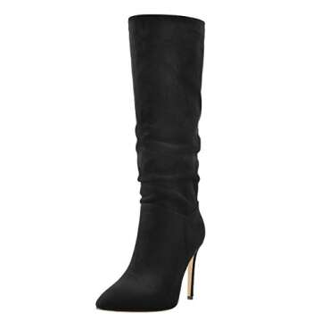 LISHAN Classic Rouched Pointed Toe Slouch Mid Calf Boots