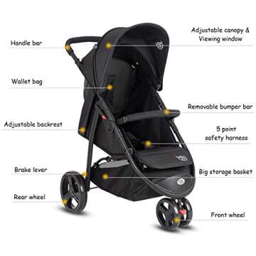 BABY JOY Jogger Stroller, Infant Travel Portable Jogging Stroller, Folding Pushchair w/Removable Bar, Wallet Bog, 5-Point Harness, Storage Basket, Black
