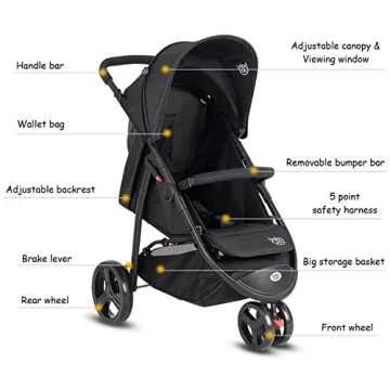 BABY JOY Jogger Stroller, Infant Travel Portable Jogging Stroller, Folding Pushchair w/Removable Bar, Wallet Bog, 5-Point Harness, Storage Basket, Black