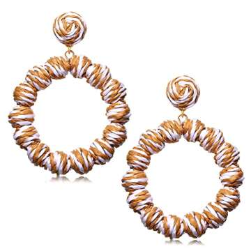 Raffia Earrings Rattan Ball Hoop Dangle Earrings for Women Handmade Bohemia Earrings Braid Straw Wic...