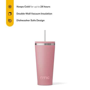 RTIC 20oz Everyday Tumbler Insulated Stainless Steel Portable Travel Coffee Cup with Straw, Spill-Resistant Lid, BPA-Free, Hot and Cold Drink, Ceramic Lining, Dusty Rose
