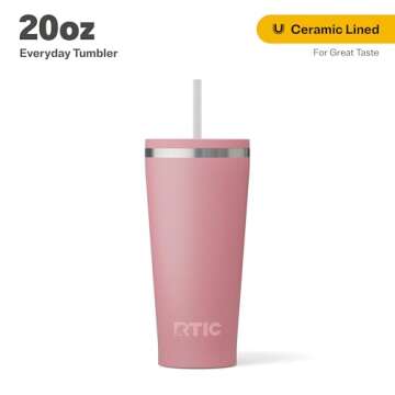 RTIC 20oz Everyday Tumbler Insulated Stainless Steel Portable Travel Coffee Cup with Straw, Spill-Resistant Lid, BPA-Free, Hot and Cold Drink, Ceramic Lining, Dusty Rose