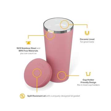 RTIC 20oz Everyday Tumbler Insulated Stainless Steel Portable Travel Coffee Cup with Straw, Spill-Resistant Lid, BPA-Free, Hot and Cold Drink, Ceramic Lining, Dusty Rose