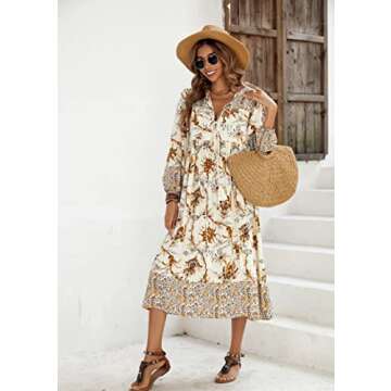 R.Vivimos Women's Long Sleeve Floral Print Retro V Neck Tassel Bohemian Midi Dresses (Small, White)
