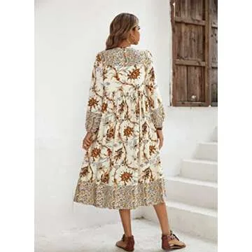 R.Vivimos Women's Long Sleeve Floral Print Retro V Neck Tassel Bohemian Midi Dresses (Small, White)