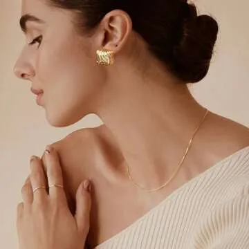 Anten Pink Big Chunky Gold Earrings for Women Trendy Statement Drop Stud, Hypoallergenic Wavy Button Earrings with 925 Sterling Silver Post, Trendy Jewelry Gift for Women,Girls