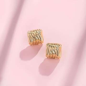 Anten Pink Big Chunky Gold Earrings for Women Trendy Statement Drop Stud, Hypoallergenic Wavy Button Earrings with 925 Sterling Silver Post, Trendy Jewelry Gift for Women,Girls