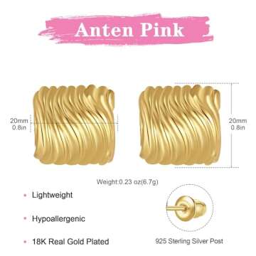 Anten Pink Big Chunky Gold Earrings for Women Trendy Statement Drop Stud, Hypoallergenic Wavy Button Earrings with 925 Sterling Silver Post, Trendy Jewelry Gift for Women,Girls