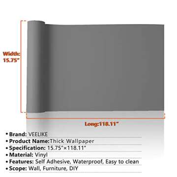 VEELIKE Grey Wallpaper Peel and Stick for Bedroom Kitchen Cabinets 15.7''x118'' Removable Thick Grey...
