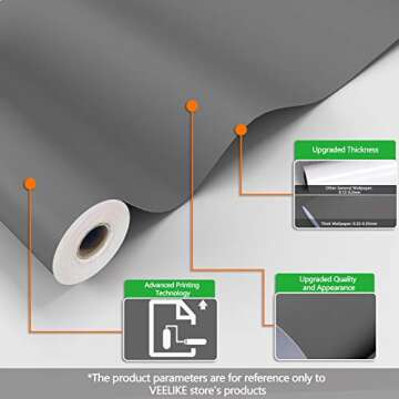 VEELIKE Grey Wallpaper Peel and Stick for Bedroom Kitchen Cabinets 15.7''x118'' Removable Thick Grey Contact Paper for Walls Furniture Countertops Waterproof Self Adhesive Viny Roll for Drawer Dresser