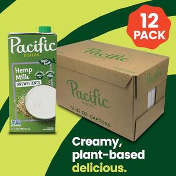 Pacific Foods Hemp Original Unsweetened Plant-Based Milk, Keto Friendly, 32 Fl Oz (Pack of 12)