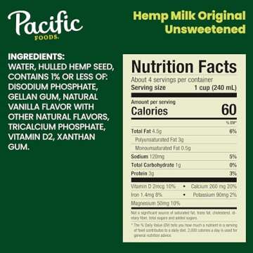 Pacific Foods Hemp Original Unsweetened Plant-Based Milk, Keto Friendly, 32 Fl Oz (Pack of 12)