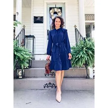 KILIG Women's Long Sleeve Dress Wedding Guest Casual Formal Ruffle Mini Mock Neck Dresses for Women 2022(Navy,Medium)