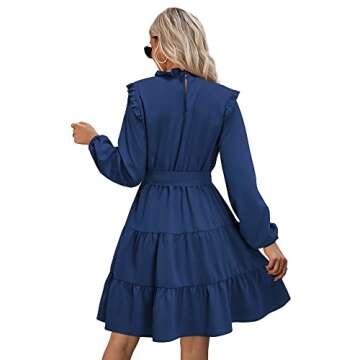 KILIG Women's Long Sleeve Dress Wedding Guest Casual Formal Ruffle Mini Mock Neck Dresses for Women 2022(Navy,Medium)
