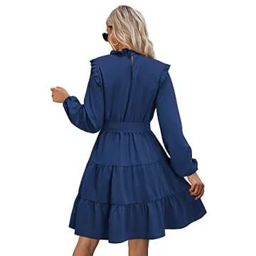 KILIG Women's Long Sleeve Dress Wedding Guest Casual Formal Ruffle Mini Mock Neck Dresses for Women 2022(Navy,Medium)
