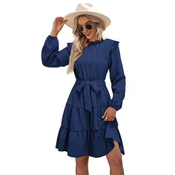 KILIG Women's Long Sleeve Dress Wedding Guest Casual Formal Ruffle Mini Mock Neck Dresses for Women 2022(Navy,Medium)