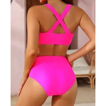 Holipick Women High Waisted Two Piece Bikini Sports Crop Top Swimsuit Scoop Neck Bathing Suit for Te...