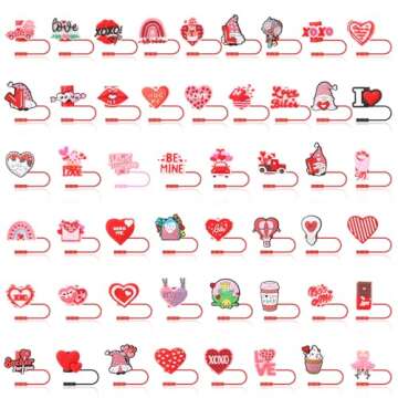 Ovveroche 50 Pcs Valentine's Day Straw Cover Cap for Stanley Cup,Valentine's Day Reusable Straw Topp...