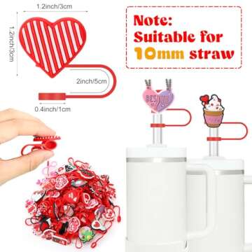 Ovveroche 50 Pcs Valentine's Day Straw Cover Cap for Stanley Cup,Valentine's Day Reusable Straw Toppers,Silicone Heart Straw Toppers for Stanley Cup Accessories 30&40 Oz Tumbler 10mm