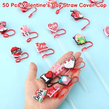 Ovveroche 50 Pcs Valentine's Day Straw Cover Cap for Stanley Cup,Valentine's Day Reusable Straw Toppers,Silicone Heart Straw Toppers for Stanley Cup Accessories 30&40 Oz Tumbler 10mm