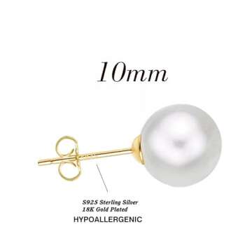EFTKOY Pearl Earrings 18K Gold Plated Sterling Silver big Studs White Simulated Shell Large 10mm Pea...