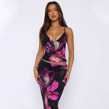 ksotutm Maxi Skirt Set Floral Print Halter Top Maxi Skirt Sexy Going Out Outfits for Women Black