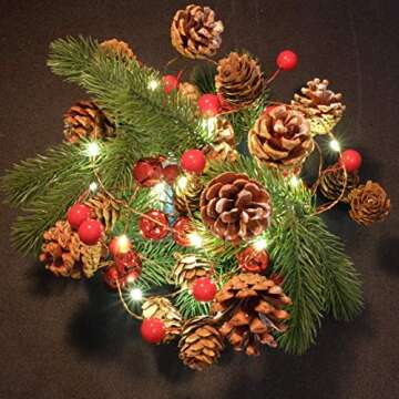 HomeKaren Christmas Garland Lights String 6.7Ft 20 LED Battery Operated with Pine Cone Red Berry Jingle Bell for Xmas Decor Fireplace Door Tree Indoor Outdoor