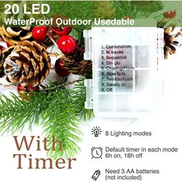 HomeKaren Christmas Garland Lights String 6.7Ft 20 LED Battery Operated with Pine Cone Red Berry Jingle Bell for Xmas Decor Fireplace Door Tree Indoor Outdoor