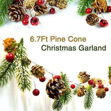 HomeKaren Christmas Garland Lights String 6.7Ft 20 LED Battery Operated with Pine Cone Red Berry Jingle Bell for Xmas Decor Fireplace Door Tree Indoor Outdoor