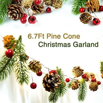 HomeKaren Christmas Garland Lights String 6.7Ft 20 LED Battery Operated with Pine Cone Red Berry Jingle Bell for Xmas Decor Fireplace Door Tree Indoor Outdoor