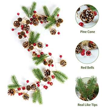 HomeKaren Christmas Garland Lights String 6.7Ft 20 LED Battery Operated with Pine Cone Red Berry Jingle Bell for Xmas Decor Fireplace Door Tree Indoor Outdoor