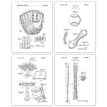 Vintage Baseball Patent Posters, Large Size (11x14) Set Of 4 - Stylish Home Decor