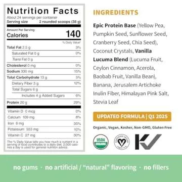 Sprout Living Epic Protein, Plant Based Protein & Superfoods Powder, Vanilla Lucuma Powder | 20 Grams Organic Protein Powder, Vegan, Non Dairy, Non-GMO, Gluten Free, Low Sugar (2 Pound, 24 Servings)