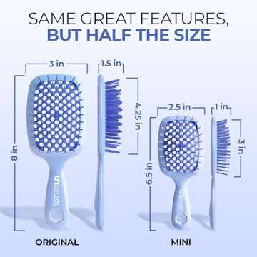 FHI Heat UNbrush Mini Detangler Brush for Pain-Free Brushing on All Wet or Dry Hair Types — Durable Duoflex Anti-Static Bristles, Lightweight Handle, Vented Mini Hair Brush, Periwinkle Light Blue