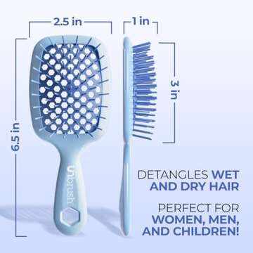FHI Heat UNbrush Mini Detangler Brush for Pain-Free Brushing on All Wet or Dry Hair Types — Durable Duoflex Anti-Static Bristles, Lightweight Handle, Vented Mini Hair Brush, Periwinkle Light Blue