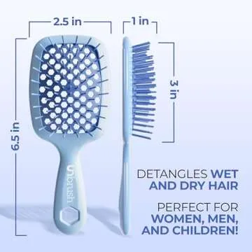 FHI Heat UNbrush Mini Detangler Brush for Pain-Free Brushing on All Wet or Dry Hair Types — Durable Duoflex Anti-Static Bristles, Lightweight Handle, Vented Mini Hair Brush, Periwinkle Light Blue